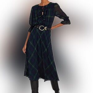Ralph Lauren plaid georgette midi dress, green and blue. Size 14.